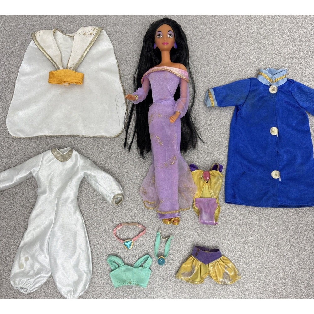Vintage 1992 Barbie Jasmine Doll, Mixed Clothing, Accessories, Aladdin Clothing